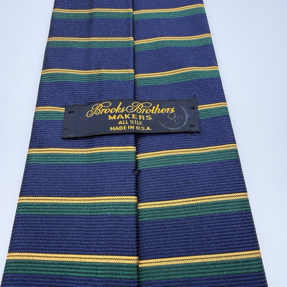 Brooks Brothers Makers 100% Silk Tie Navy Green Yellow Stripe 3.5" x‎ 58" - Picture 4 of 5